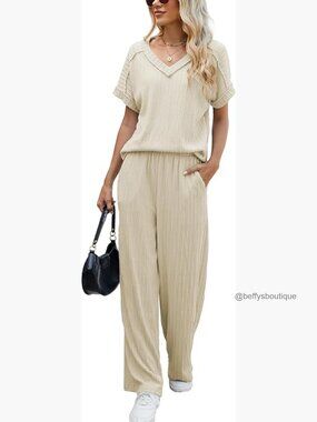 Cable Knit Lounge Set Medium Soft Polyester Spandex Loose Fit Pants Top